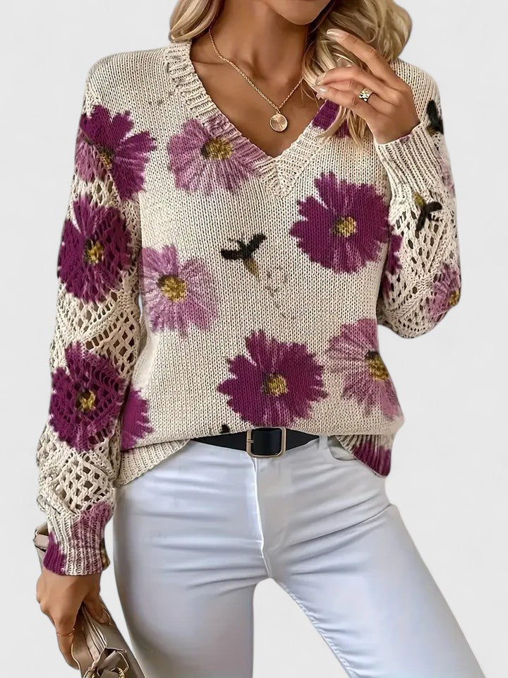 Women's Floral Knit V-Neck Jumper | Long Sleeve