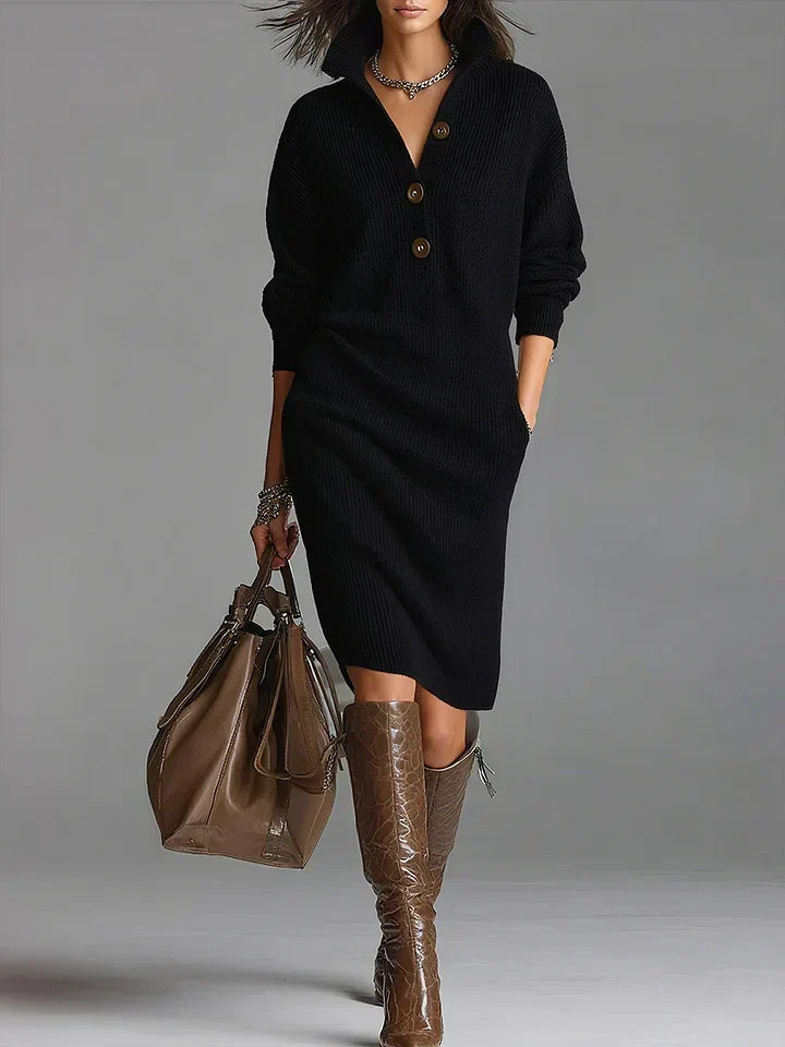 Women's Button Placket Ribbed Dress | Midi