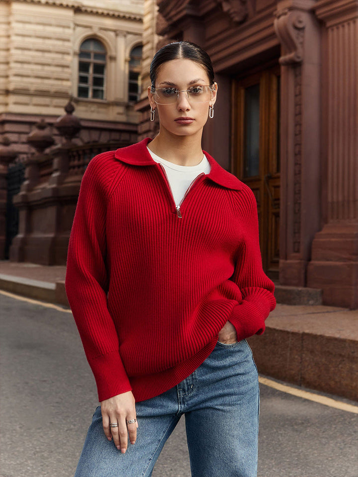 Women's Quarter Zip Polo Jumper | Ribbed