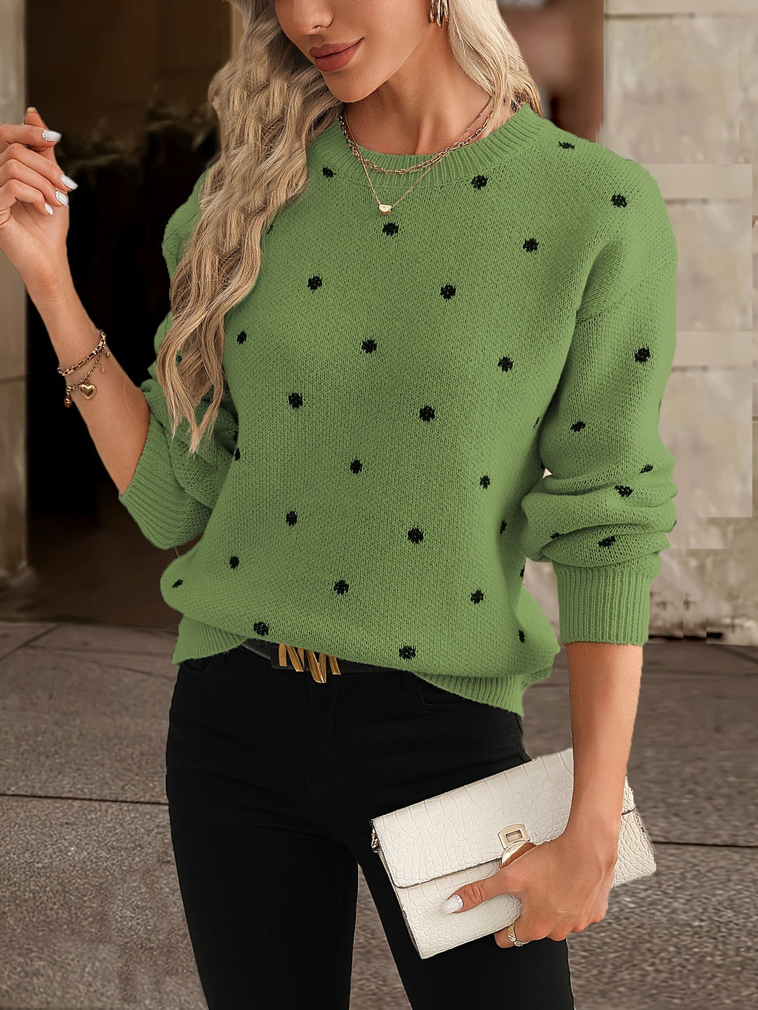 Women's Polka Dot Crew Neck Knitted Jumper | Winter