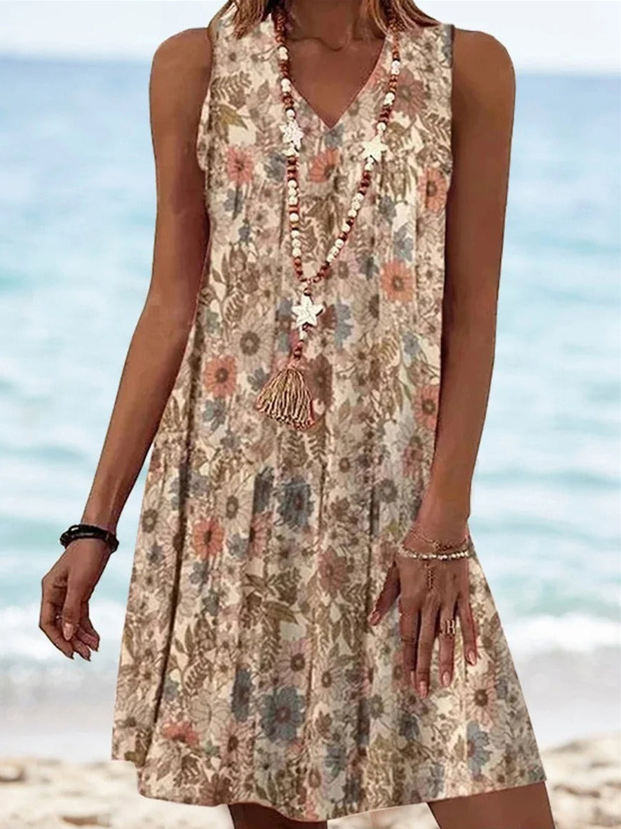 Women's Floral Print Sleeveless A-Line Dress | V-Neck