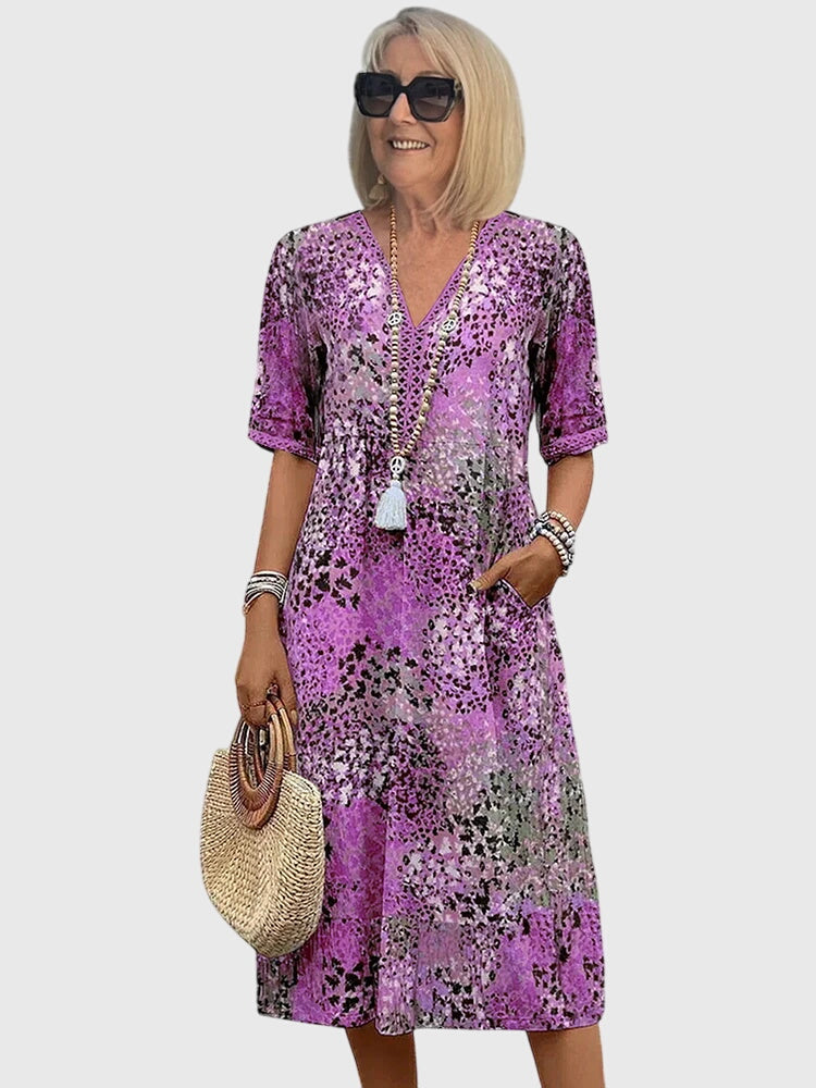 Women's Elegant V-Neck Floral Print Dress | Midi