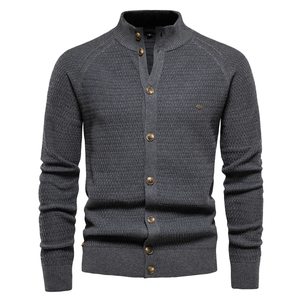 Men's Stand Collar Button Front Cardigan | Textured