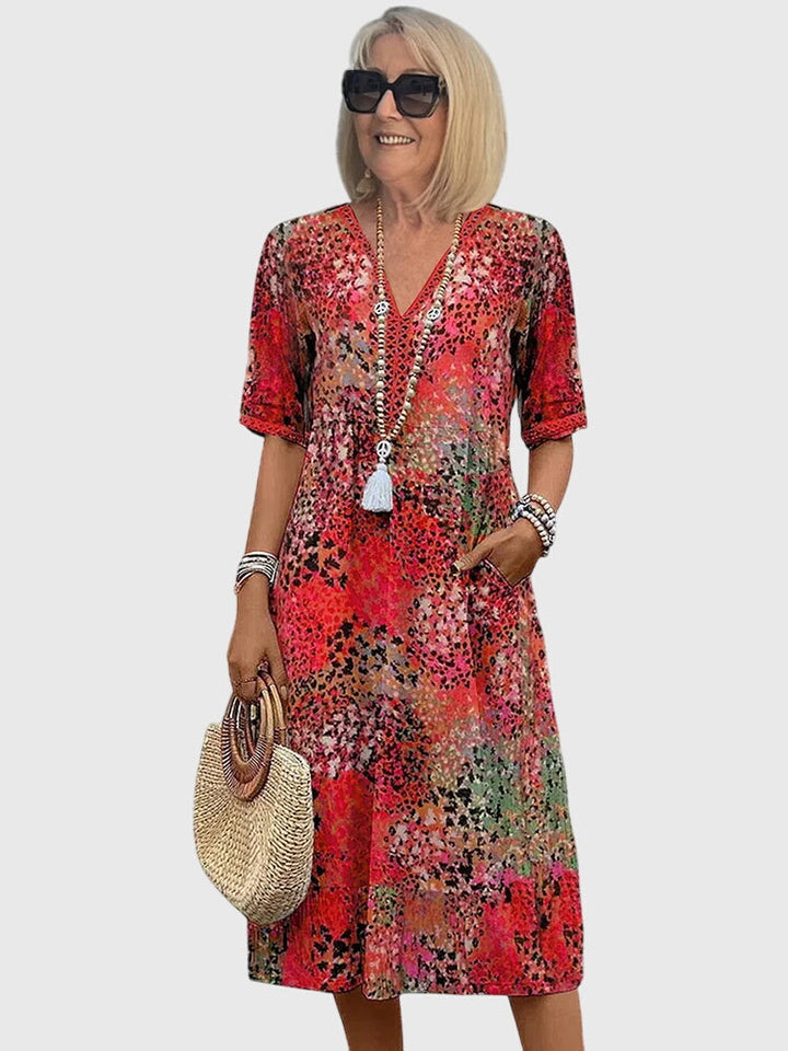 Women's Elegant V-Neck Floral Print Dress | Midi