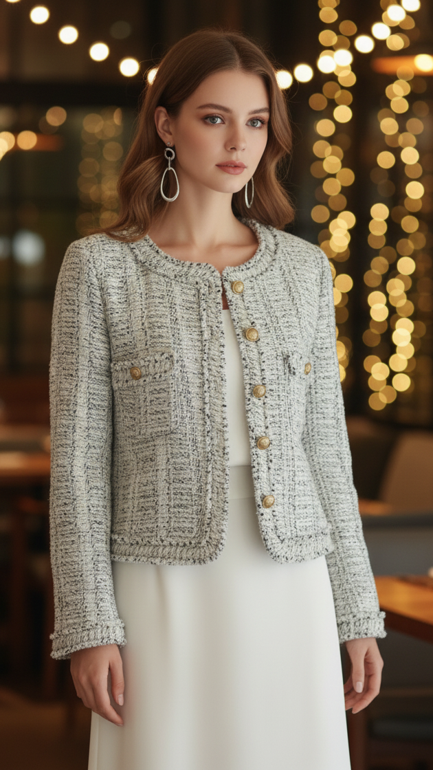Women's Chic Textured Jacket | Contrast Trim