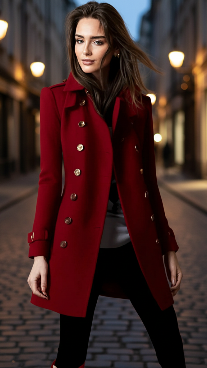 Women’s Double-Breasted Long Coat | Gold-Tone Buttons