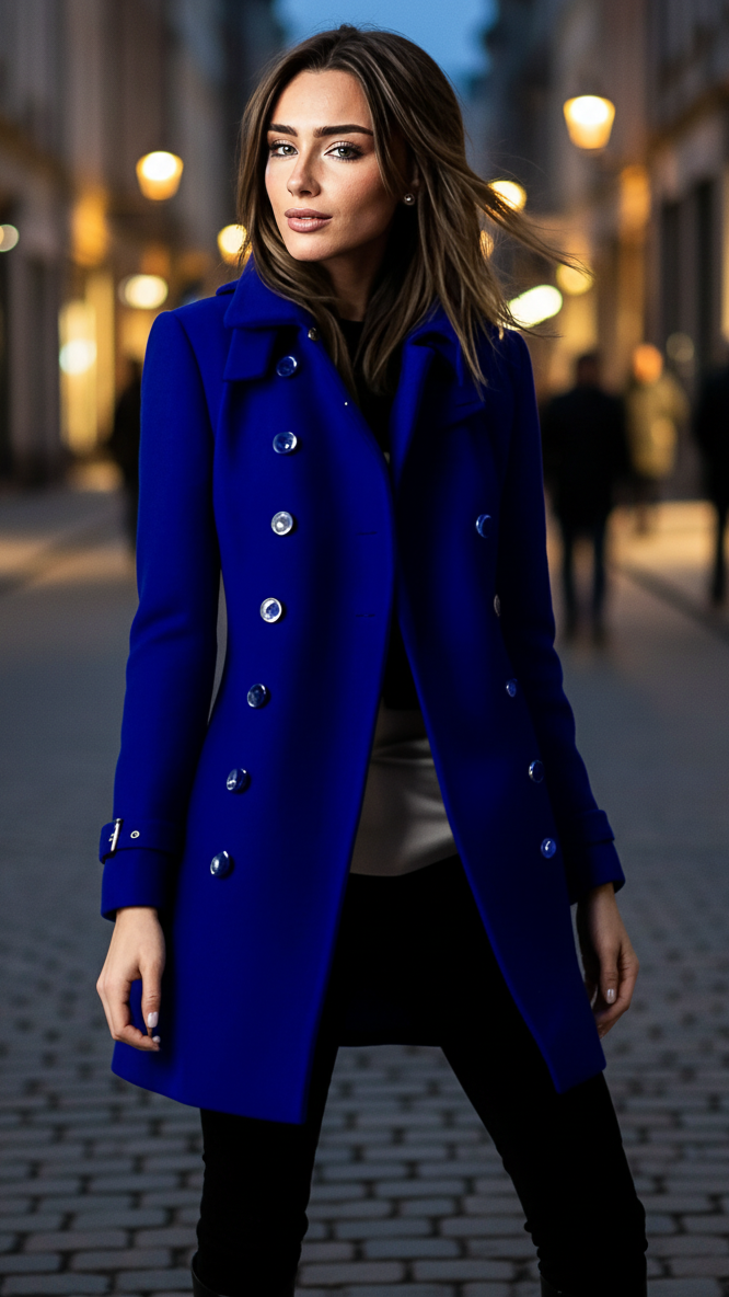 Women’s Double-Breasted Long Coat | Gold-Tone Buttons