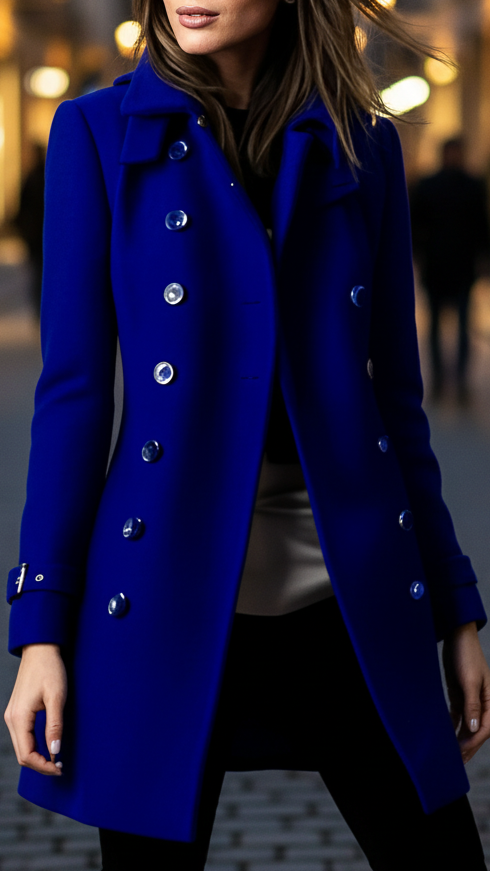 Women’s Double-Breasted Long Coat | Gold-Tone Buttons