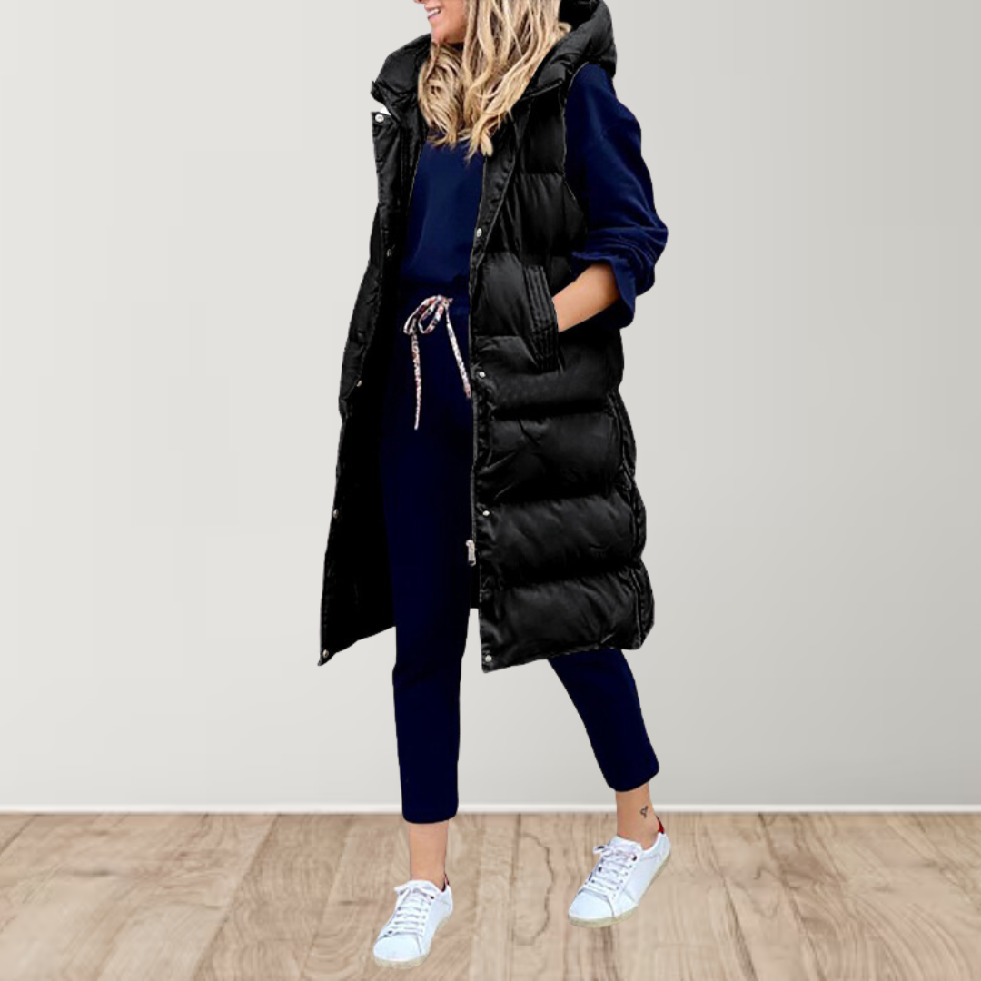 Women's Longline Hooded Puffer Vest | Drawstring Waist
