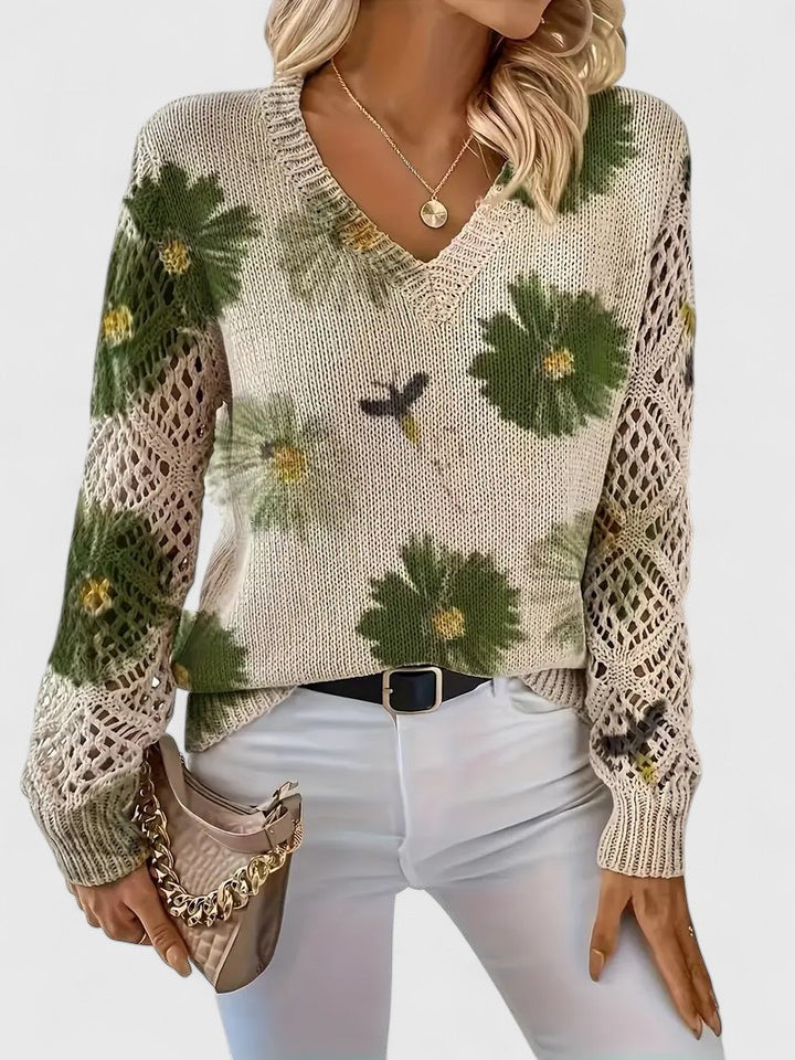 Women's Floral Knit V-Neck Jumper | Long Sleeve