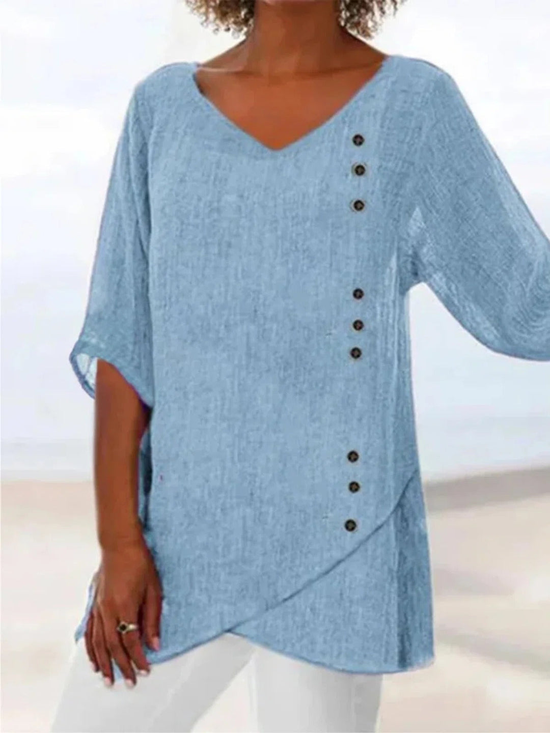 Women's Blue V-Neck Summer Blouse | 3/4 Sleeves