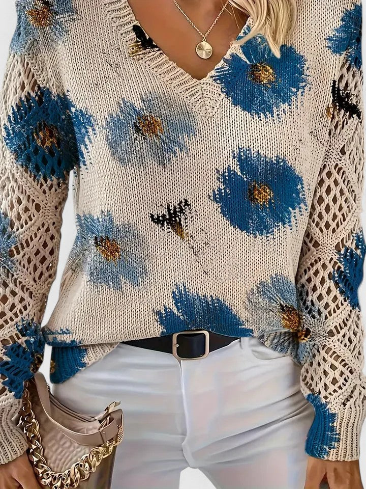 Women's Floral Knit V-Neck Jumper | Long Sleeve