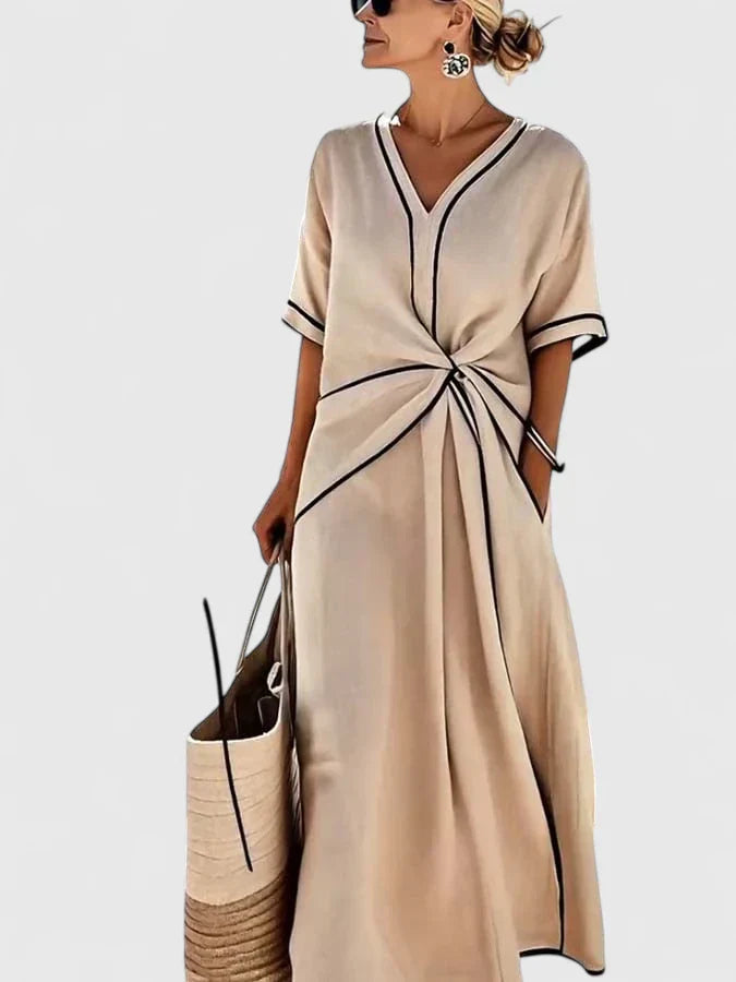 Women's Elegant Summer Contrast Detail Relaxed Fit Vacation Dress | Maxi