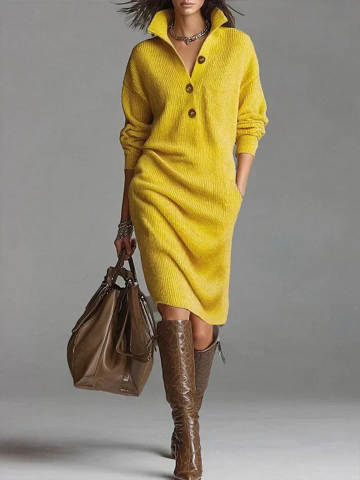 Women's Button Placket Ribbed Dress | Midi