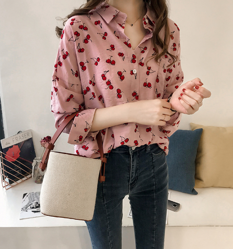 Women's Casual Cherry Print Shirt | Button-Front