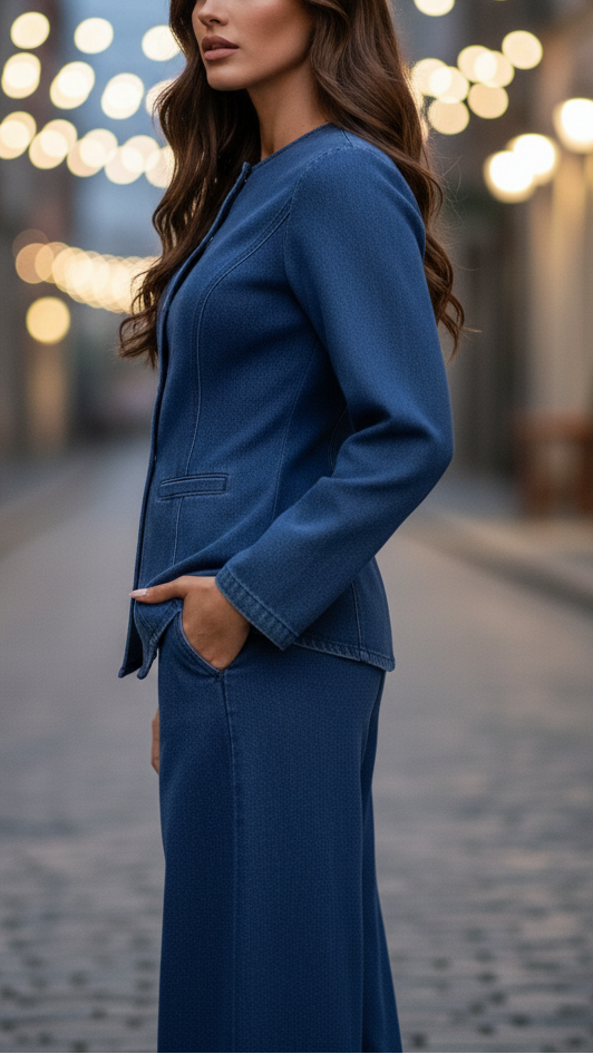 Women’s Collarless Denim Set | Two Piece