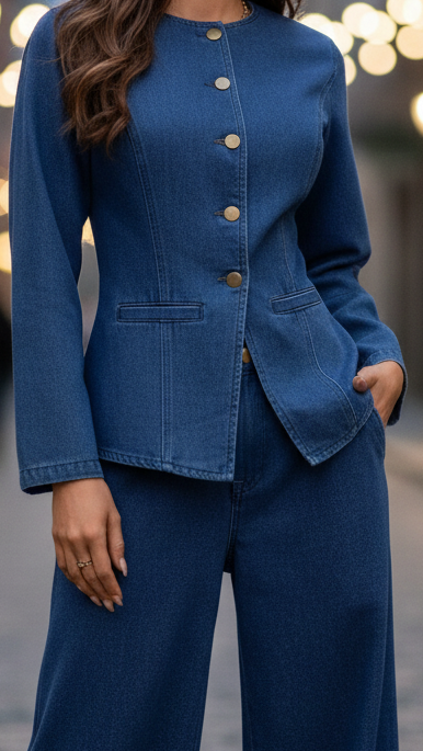 Women’s Collarless Denim Set | Two Piece