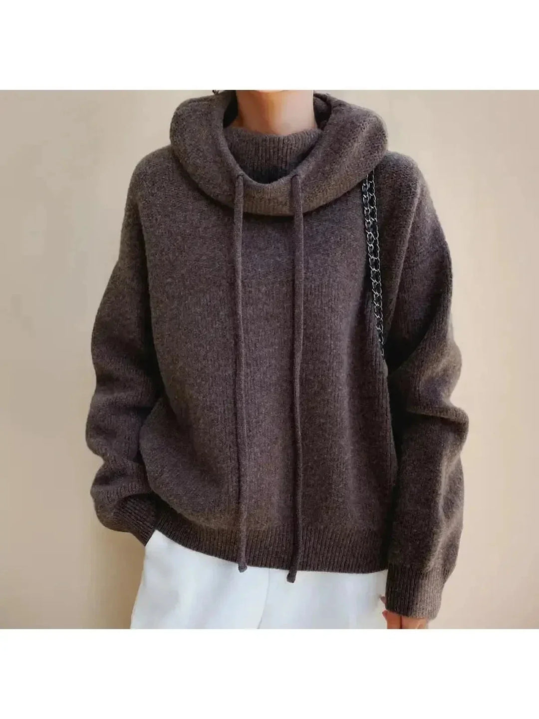 Women's Cowl Neck Knit Hoodie | Drawstring