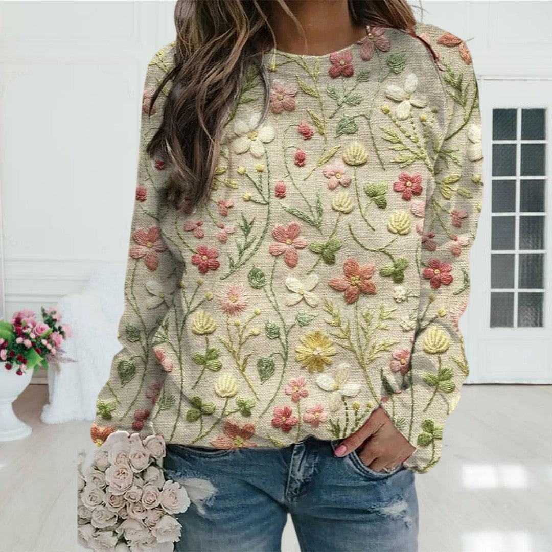 Women’s Floral Embroidered Beige Jumper | Crew Neck