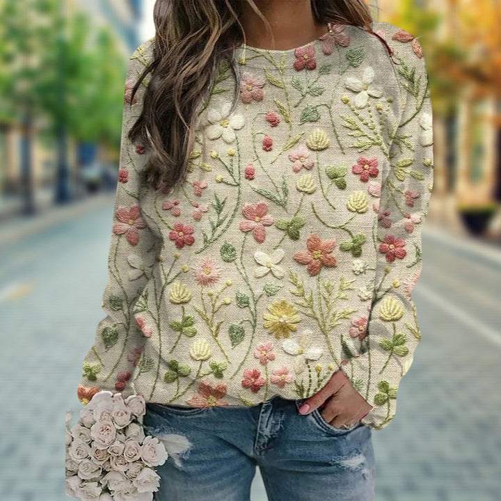 Women’s Floral Embroidered Beige Jumper | Crew Neck