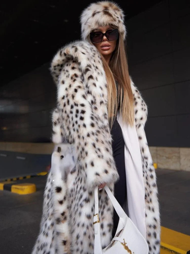 Women's Long Leopard Print Winter Jacket | Hooded