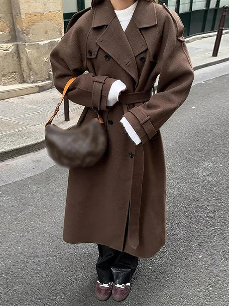 Women's Long Winter Double Breasted Trench Coat | Belted
