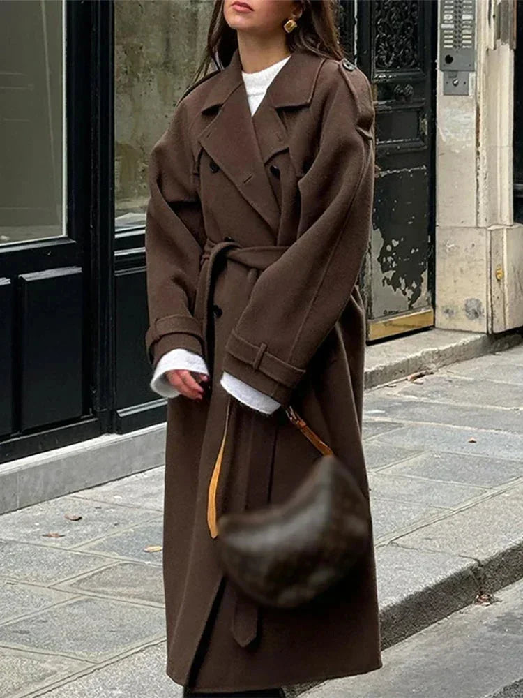 Women's Long Winter Double Breasted Trench Coat | Belted