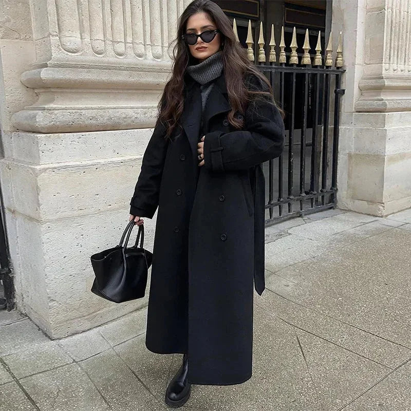 Women's Long Winter Double Breasted Trench Coat | Belted