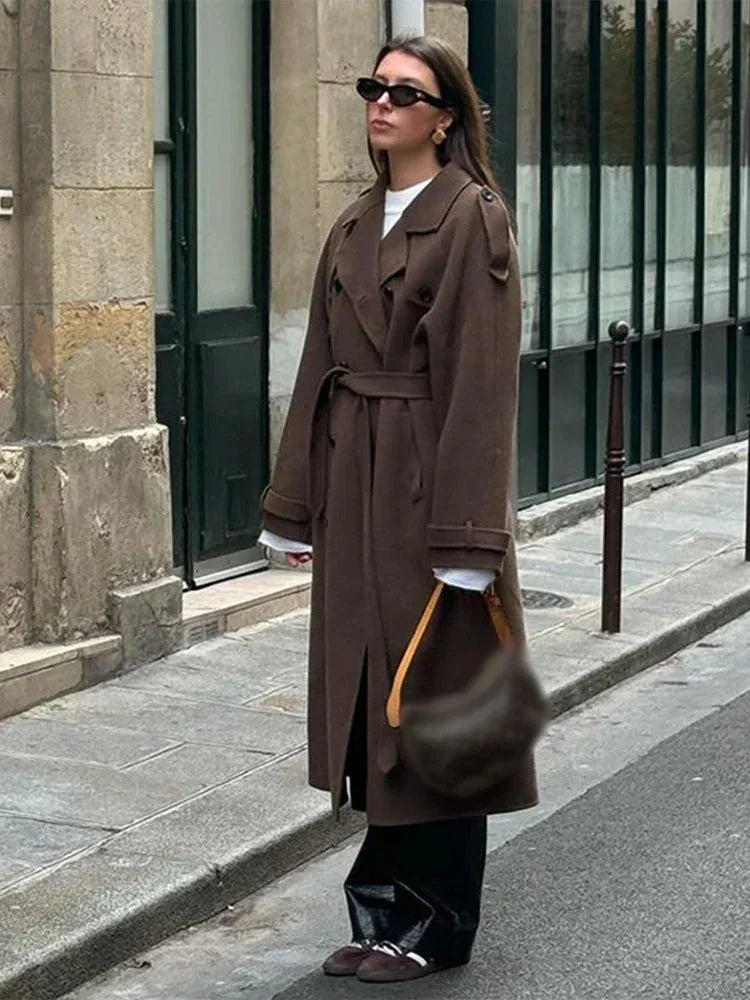 Women's Long Winter Double Breasted Trench Coat | Belted