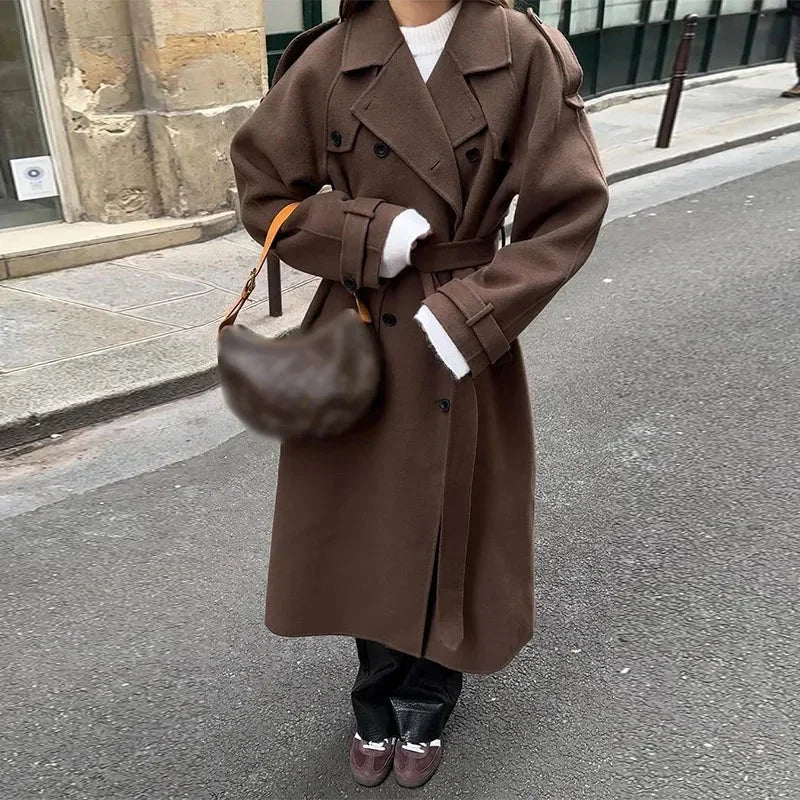 Women's Long Winter Double Breasted Trench Coat | Belted