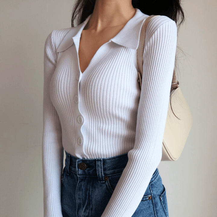 Women's Collared Ribbed Knit Top | Long Sleeve