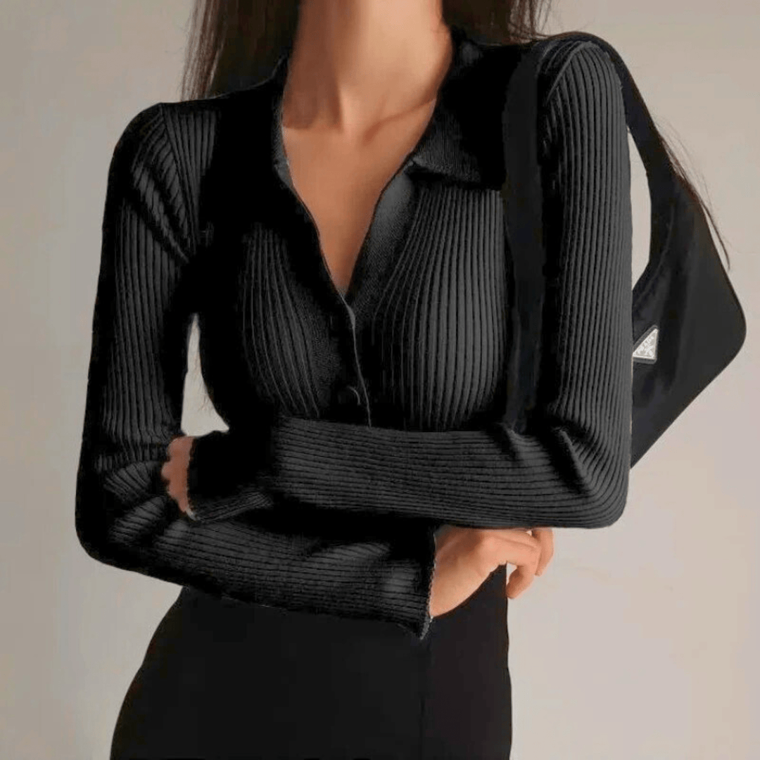 Women's Collared Ribbed Knit Top | Long Sleeve