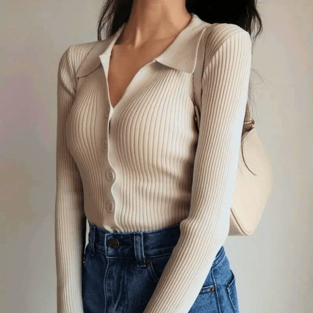 Women's Collared Ribbed Knit Top | Long Sleeve