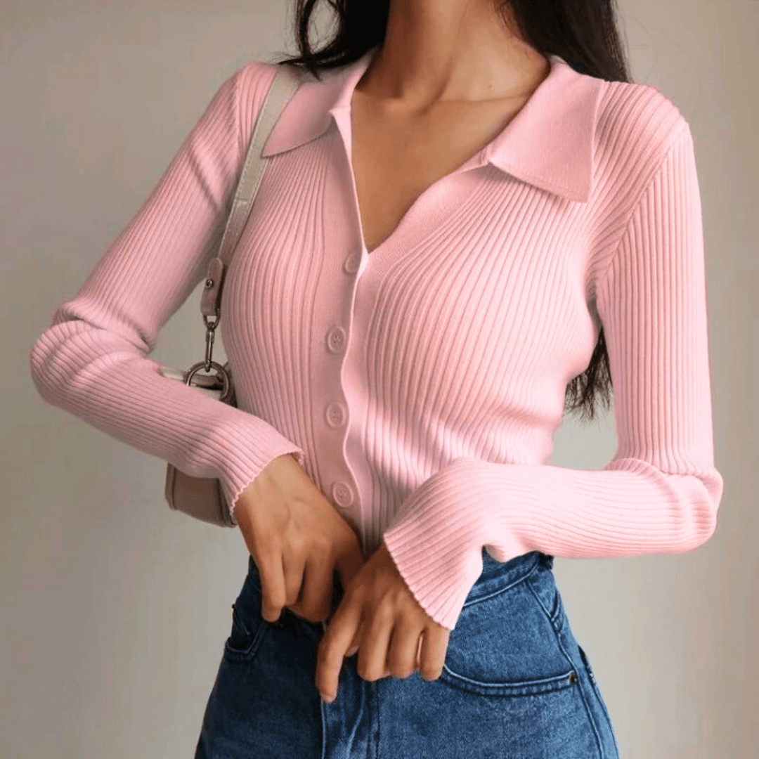 Women's Collared Ribbed Knit Top | Long Sleeve