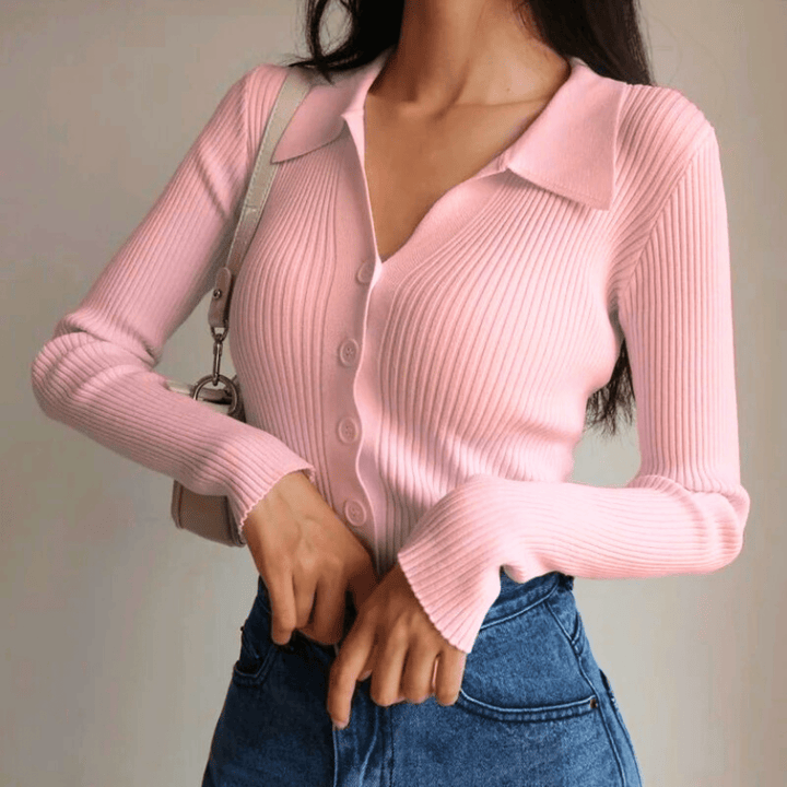 Women's Collared Ribbed Knit Top | Long Sleeve