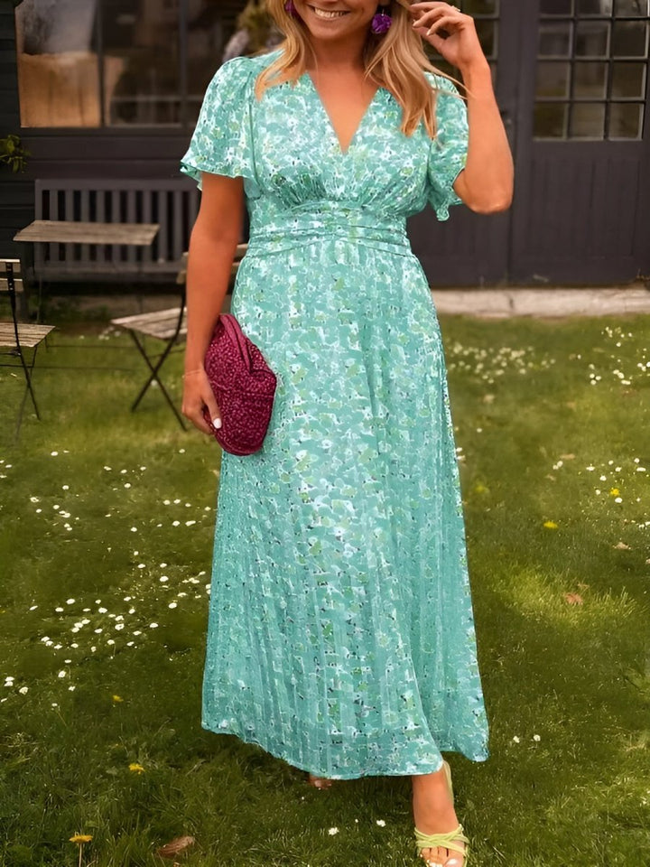 Women’s Short Sleeves V-Neck Floral Dress | Maxi