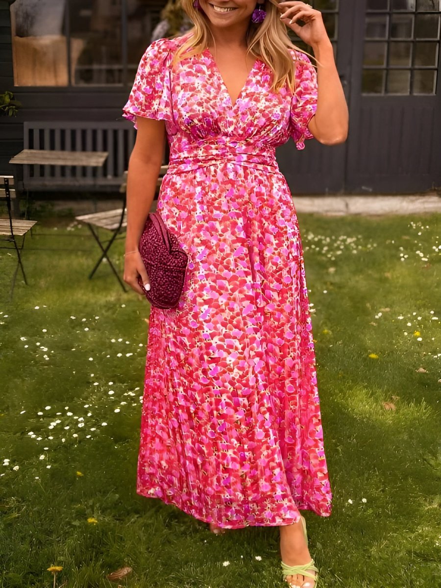 Women’s Short Sleeves V-Neck Floral Dress | Maxi