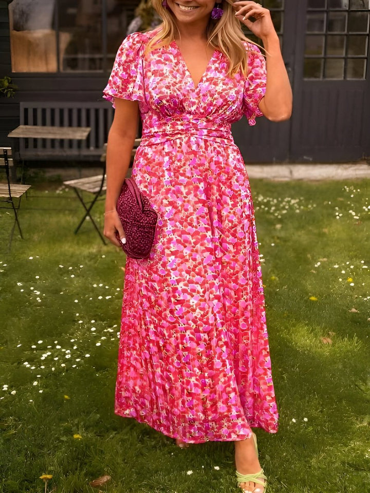 Women’s Short Sleeves V-Neck Floral Dress | Maxi