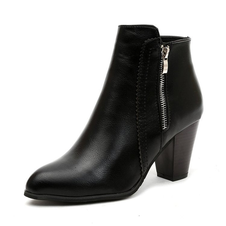 Women's Zipper Block Heel Ankle Boots | Pointed Toe