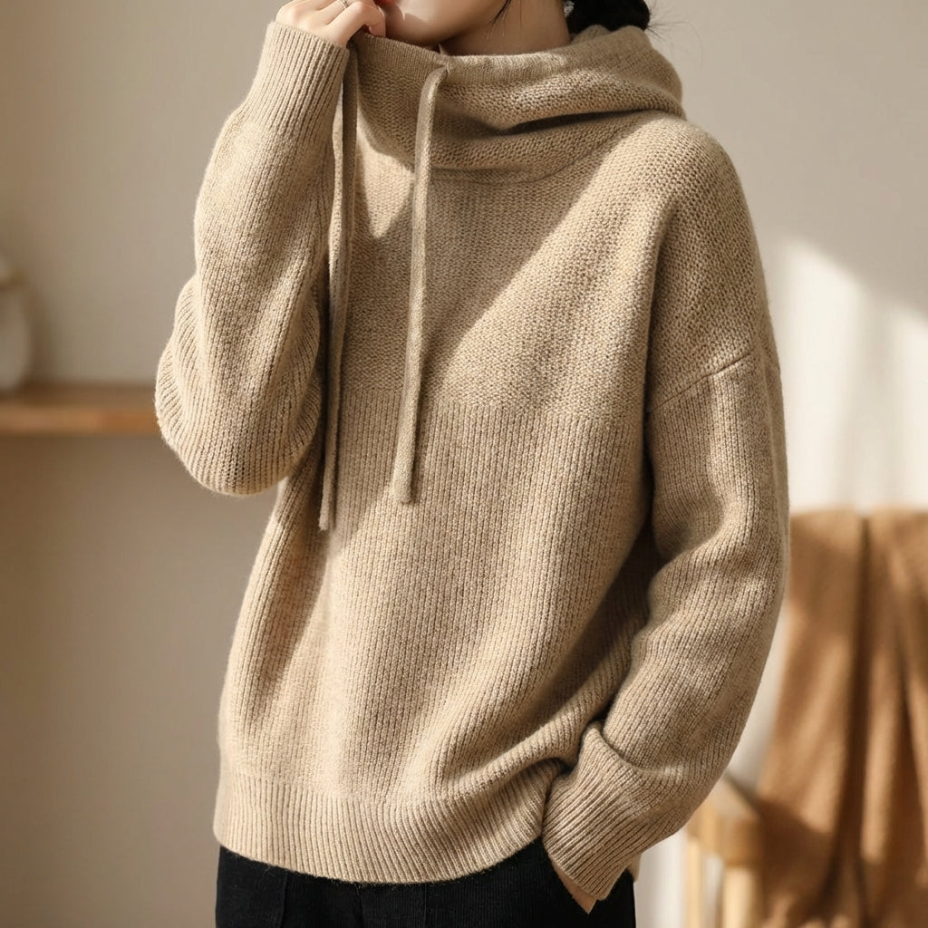 Women's Drawstring Oversized Knitted Hoodie | Plain