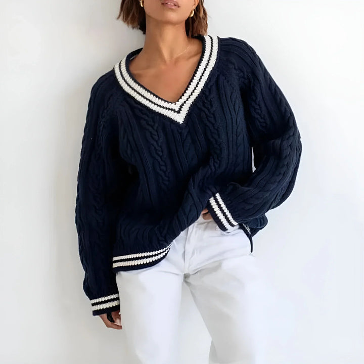 Women's Oversized Navy Knit Jumper | V Neck