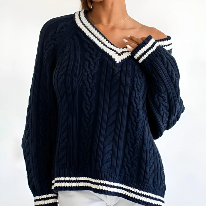 Women's Oversized Navy Knit Jumper | V Neck