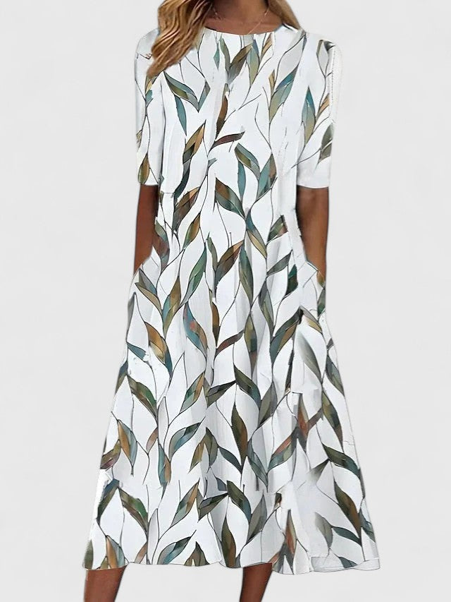 Women's Elegant Spring Floral Round Neck Dress | Midi
