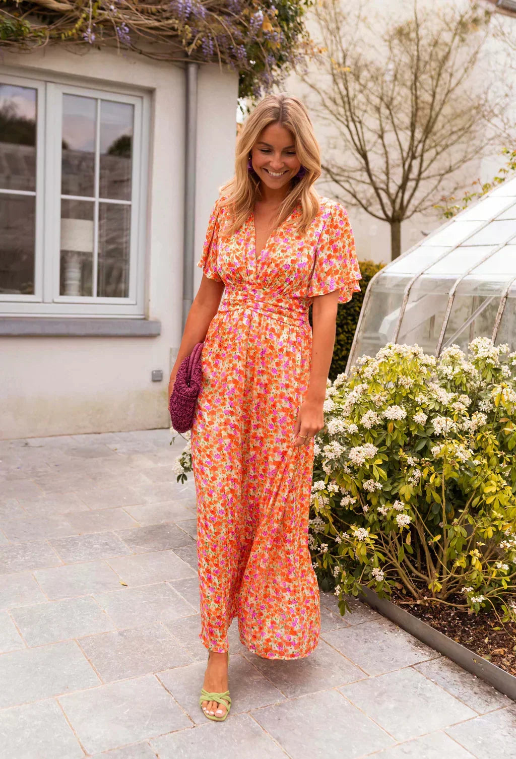 Women’s Short Sleeves V-Neck Floral Dress | Maxi