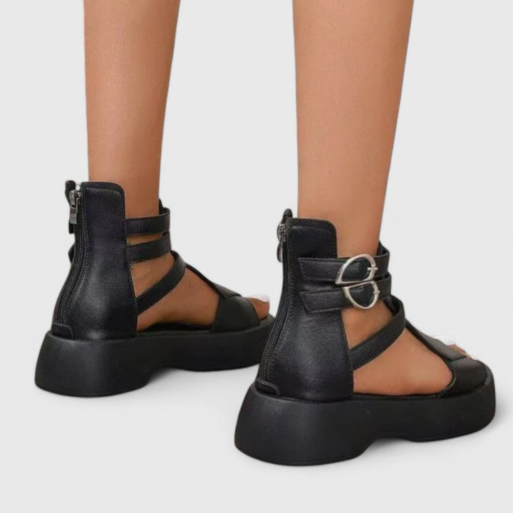 Women's Strappy Buckle Detail Thick Sole Sandals | Zip Back Closure