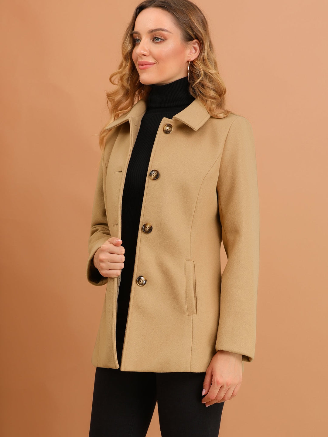 Women's Winter Button Collared Pea Coat | Single Breasted
