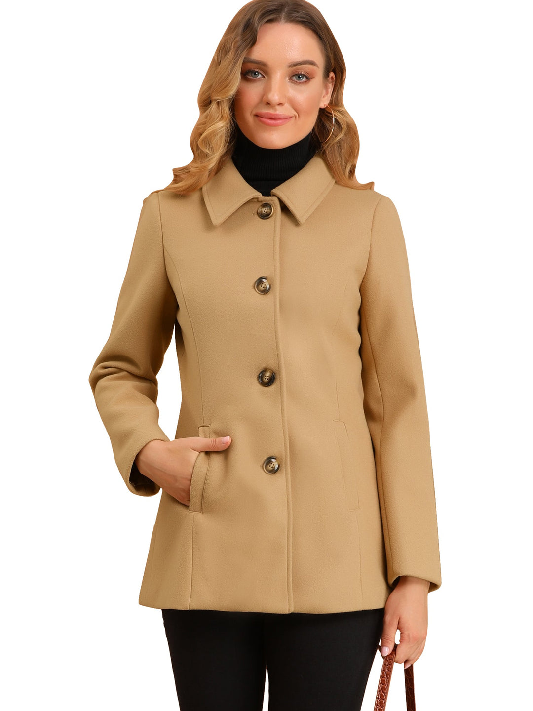 Women's Winter Button Collared Pea Coat | Single Breasted