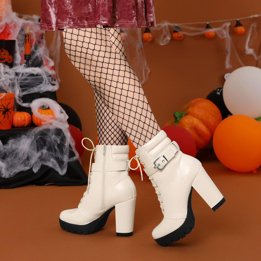 Women's Lace-Up Buckle Platform Ankle Boots | High Heel