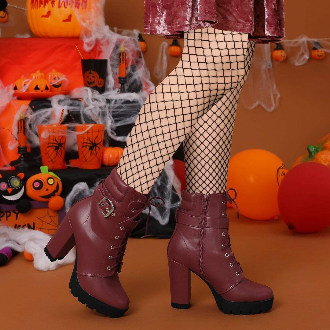 Women's Lace-Up Buckle Platform Ankle Boots | High Heel