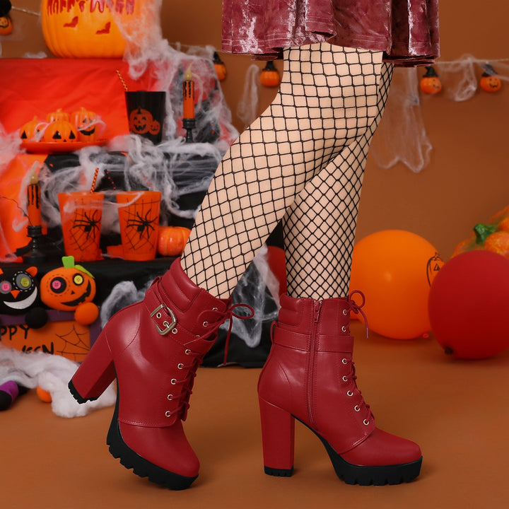 Women's Lace-Up Buckle Platform Ankle Boots | High Heel